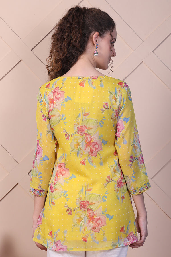 Yellow Floral Printed Chiffon A-line Top with Embroidered Neck