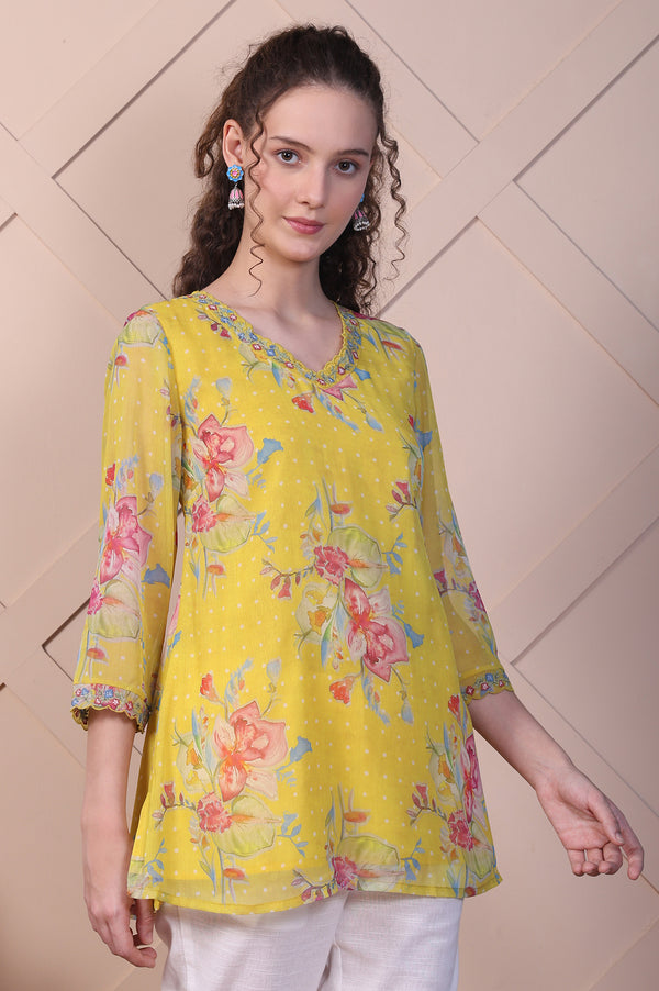Yellow Floral Printed Chiffon A-line Top with Embroidered Neck