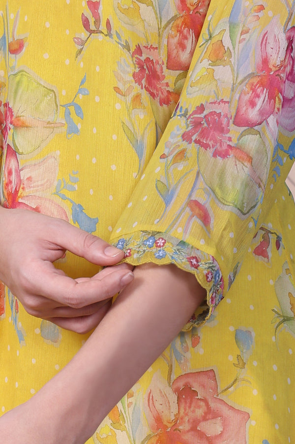 Yellow Floral Printed Chiffon A-line Top with Embroidered Neck