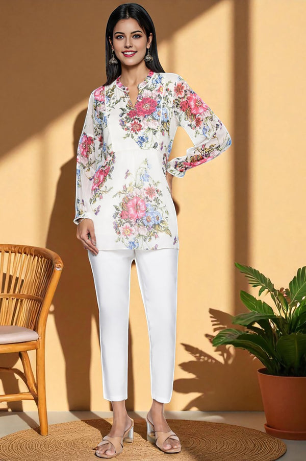 Ecru Floral Printed Chiffon Straight Top