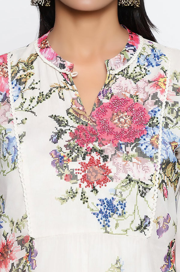 Ecru Floral Printed Chiffon Straight Top