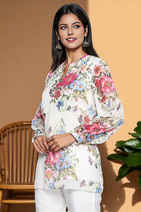 Ecru Floral Printed Chiffon Straight Top