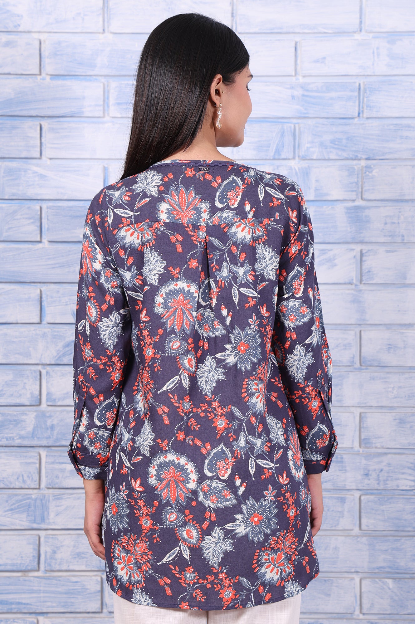 Blue Floral Printed Thread Embroidered Rayon Flax Tops