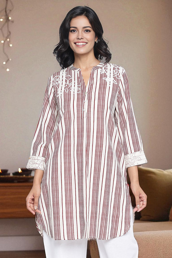 Off White Printed Cotton Flax Straight Top