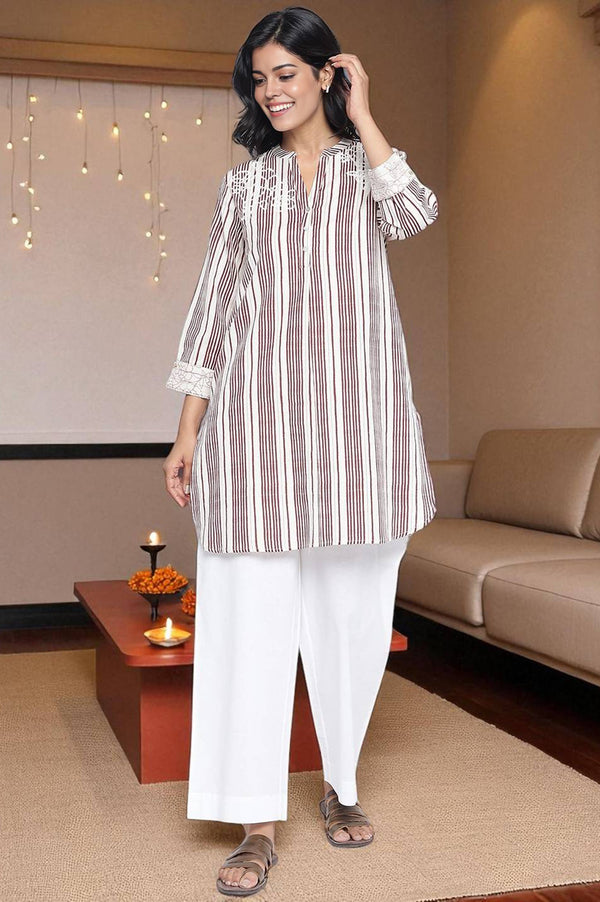 Off White Printed Cotton Flax Straight Top