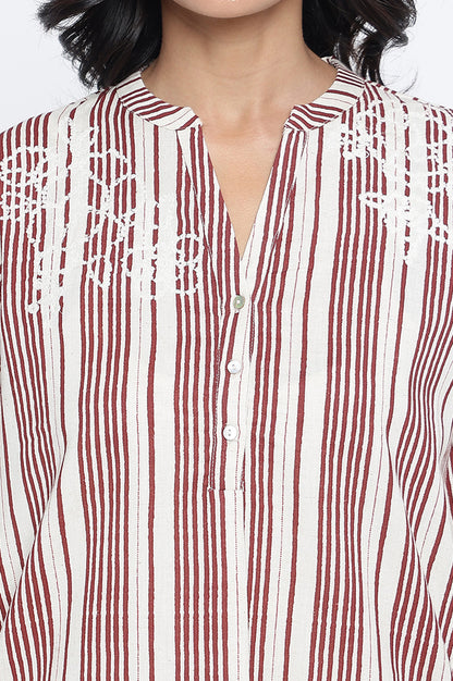 Off White Printed Cotton Flax Straight Top