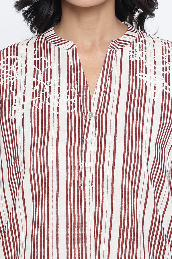 Off White Printed Cotton Flax Straight Top