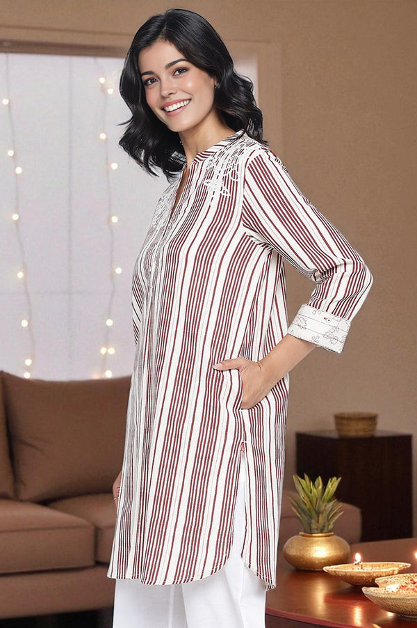 Off White Printed Cotton Flax Straight Top