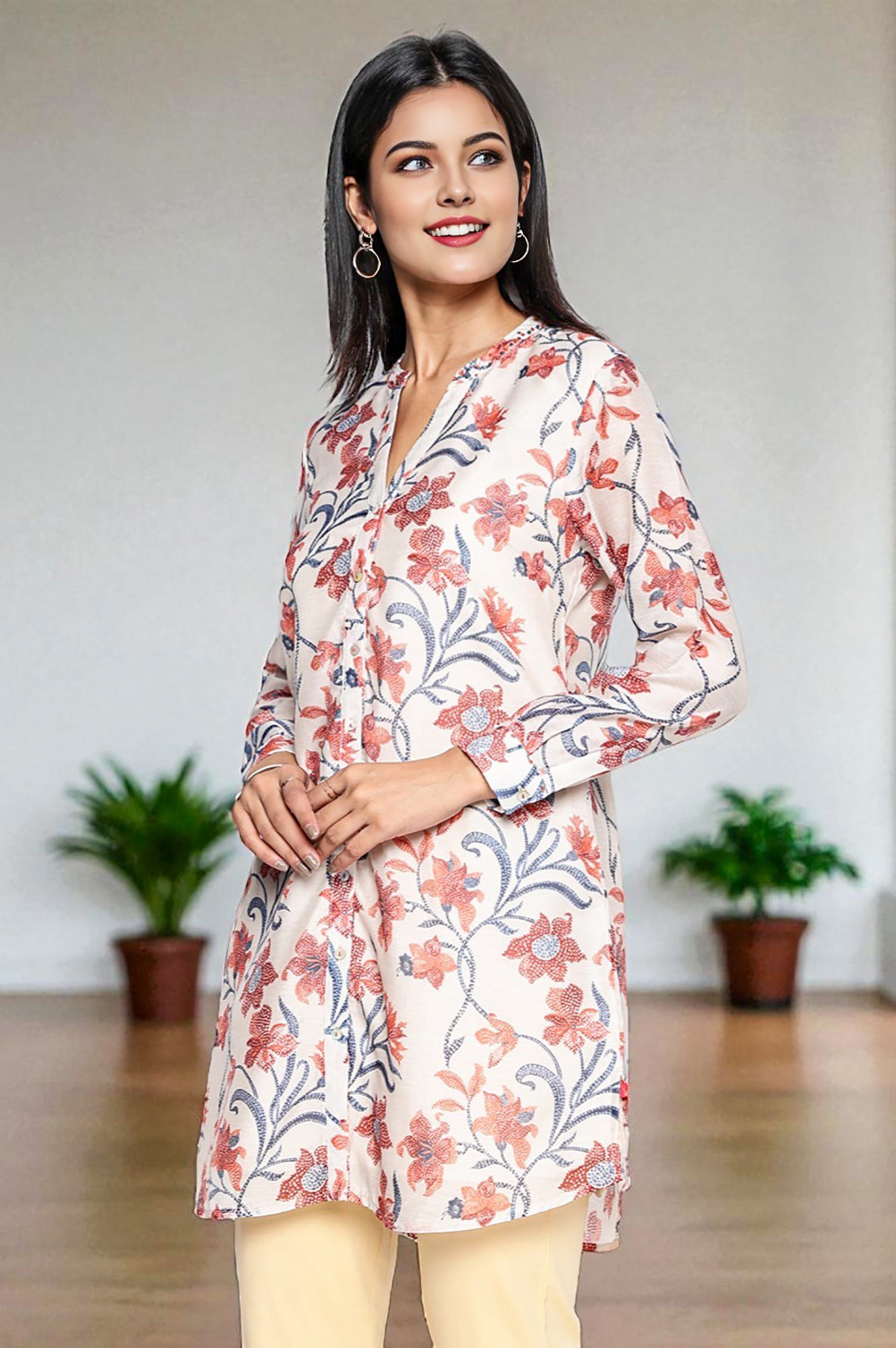 Walnut Beige Printed Chanderi Straight Tunic