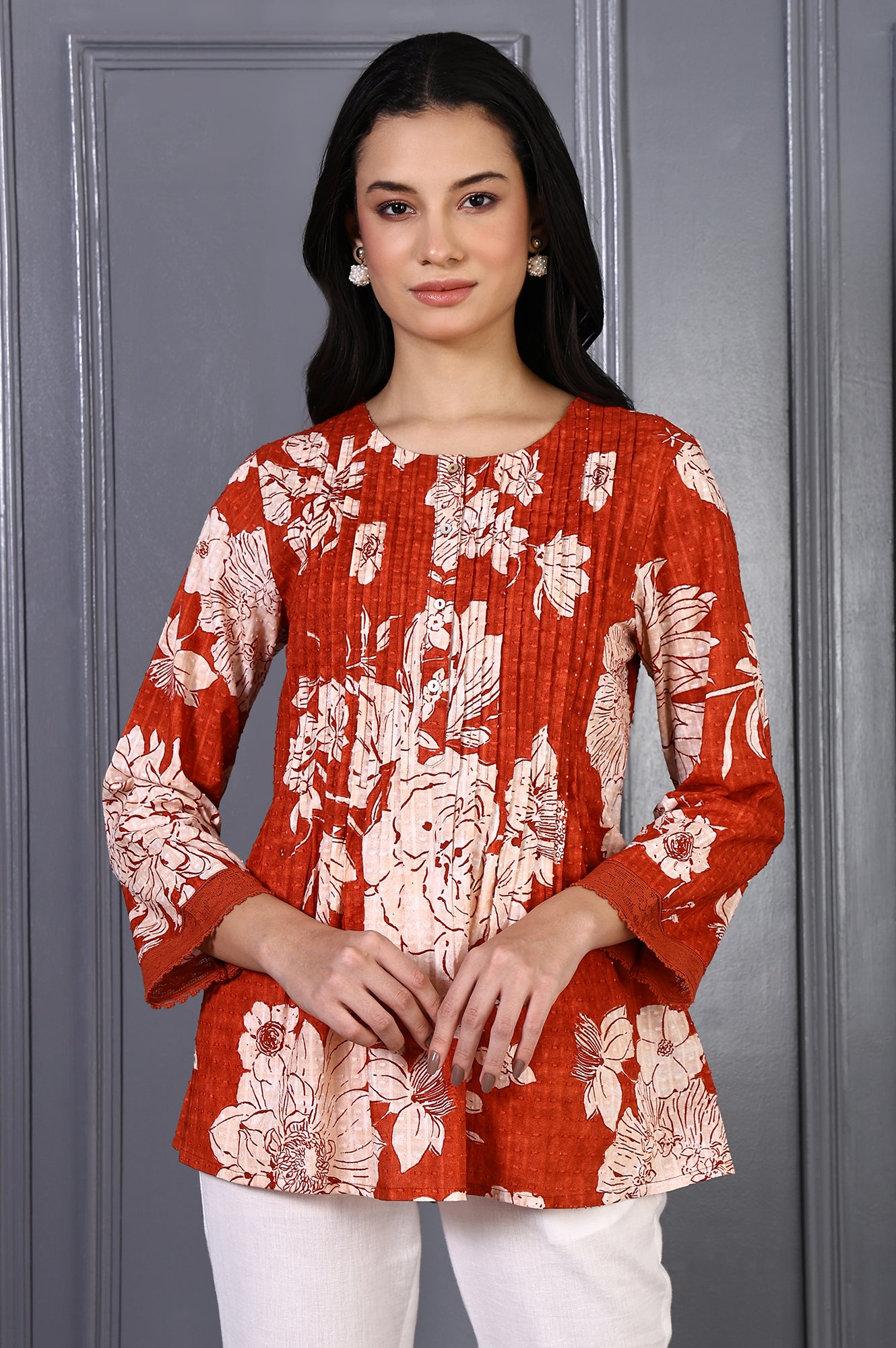 Red Floral Printed Pintuck Pure Cotton A-line Top with Lace