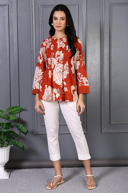 Red Floral Printed Pintuck Pure Cotton A-line Top with Lace