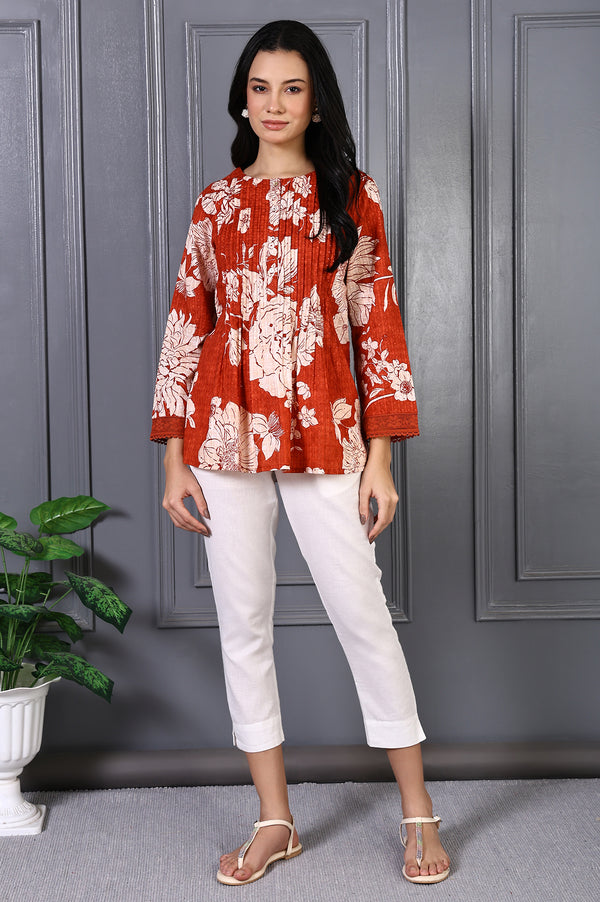 Red Floral Printed Pintuck Pure Cotton A-line Top with Lace