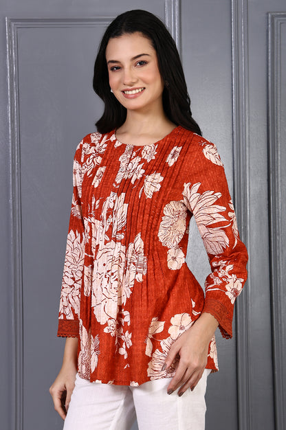 Red Floral Printed Pintuck Pure Cotton A-line Top with Lace