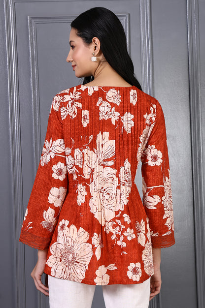 Red Floral Printed Pintuck Pure Cotton A-line Top with Lace