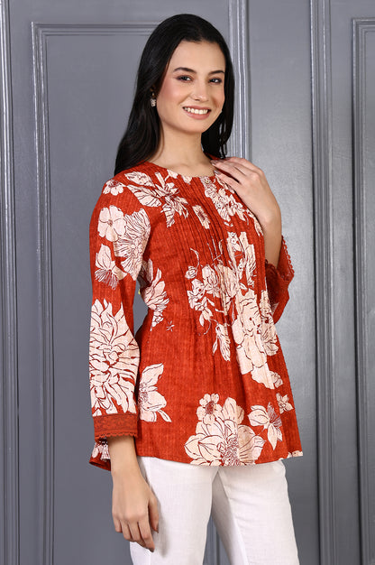 Red Floral Printed Pintuck Pure Cotton A-line Top with Lace