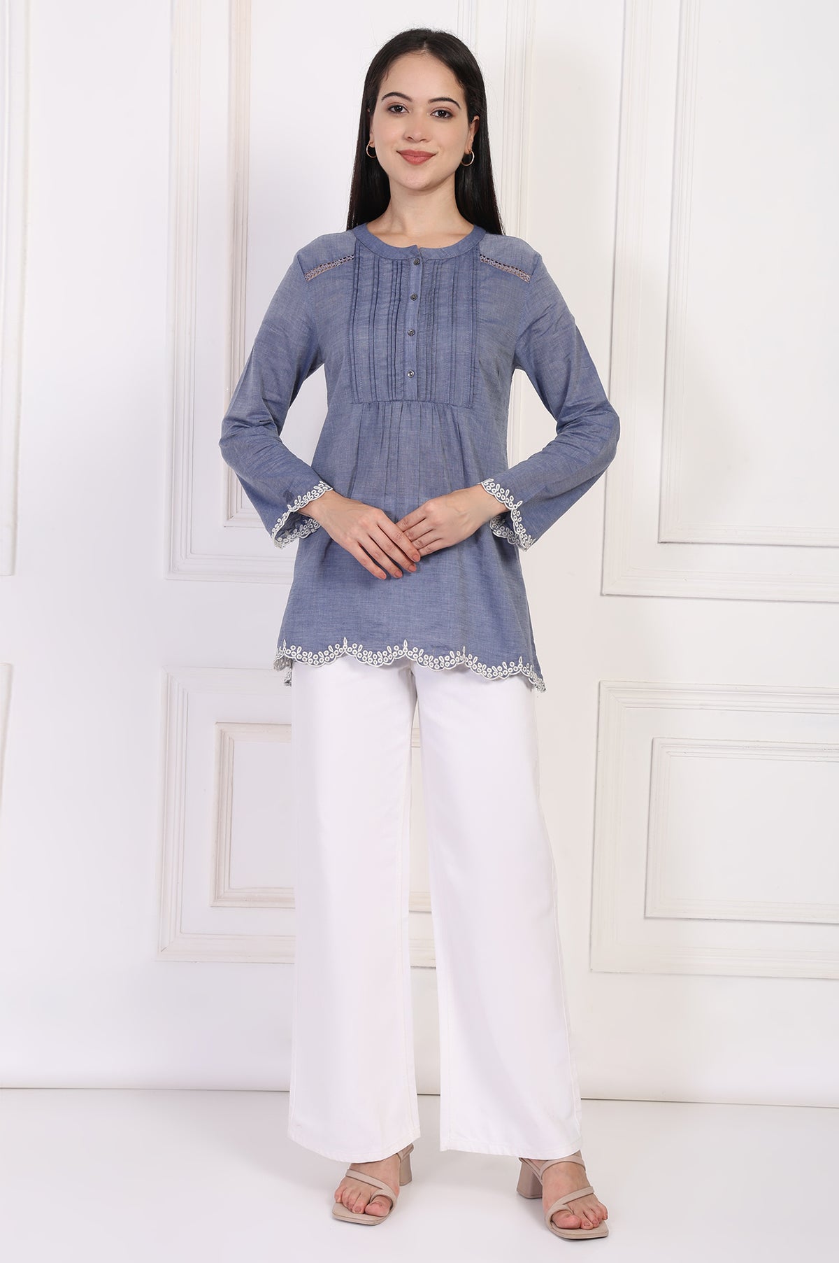 Blue Solid Embroidered Flared Cotton Top - XS