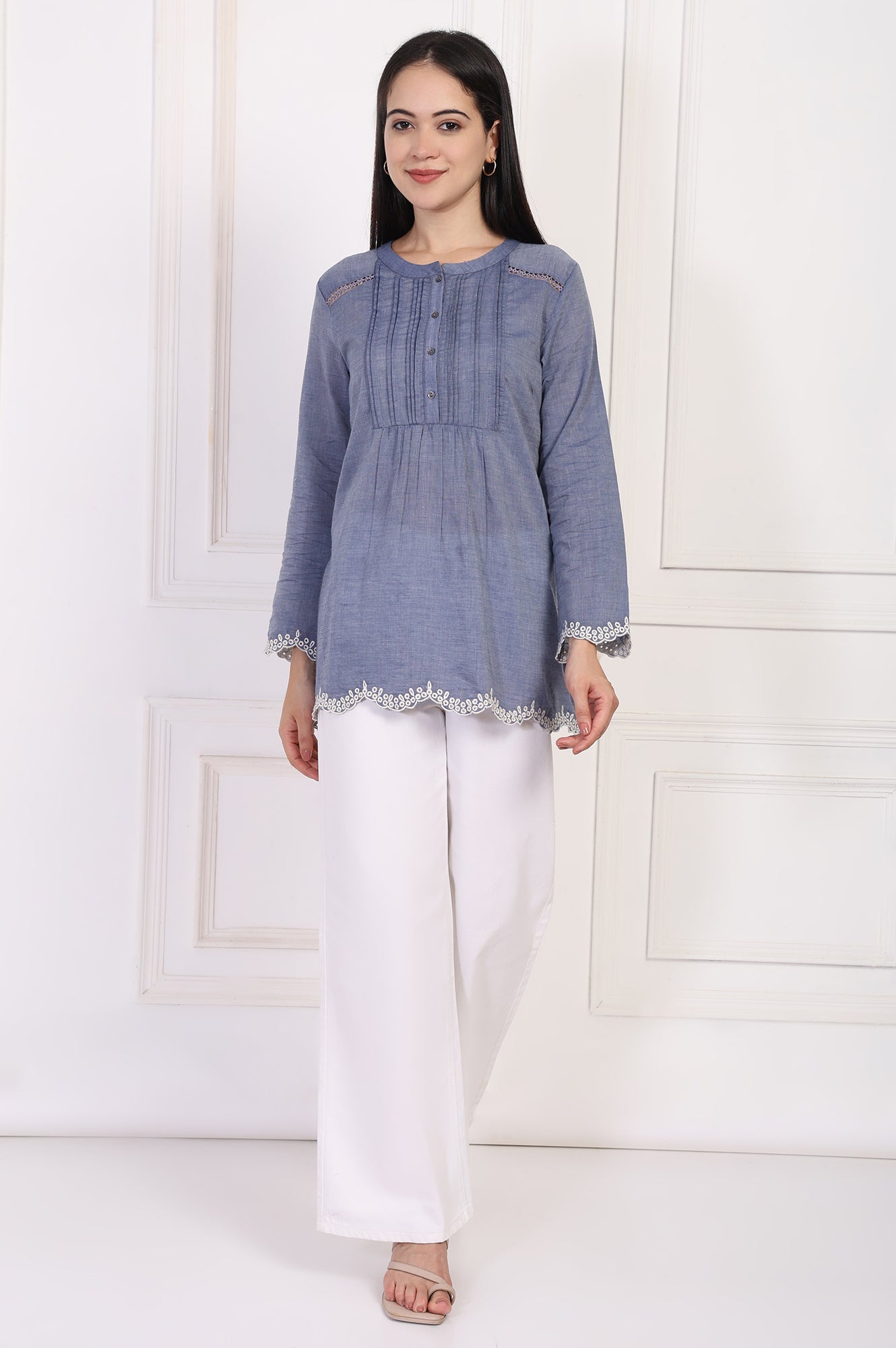 Blue Solid Embroidered Flared Cotton Top