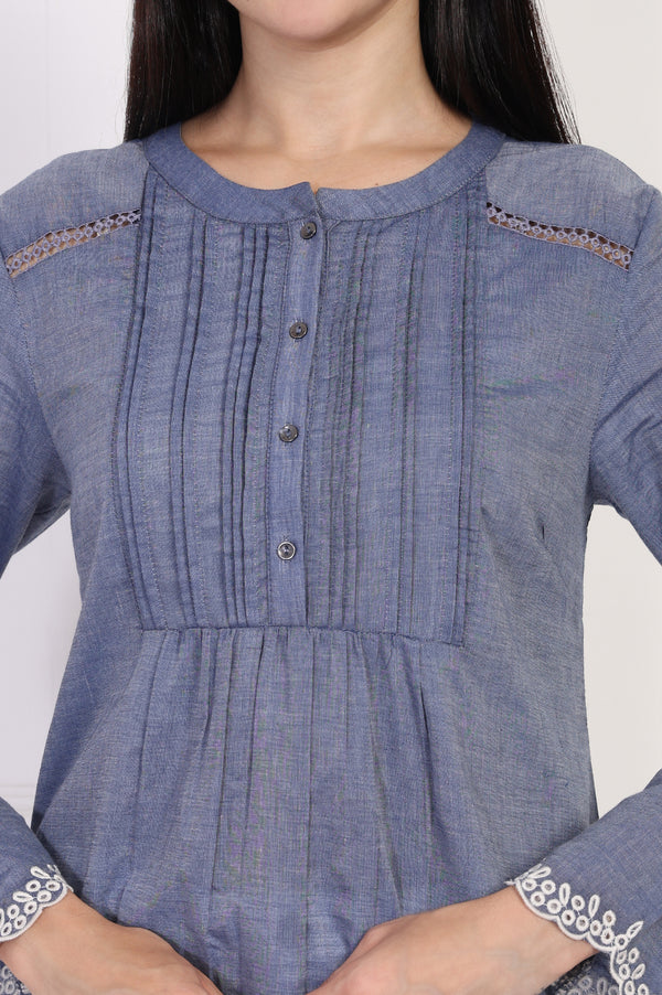 Blue Solid Embroidered Flared Cotton Top