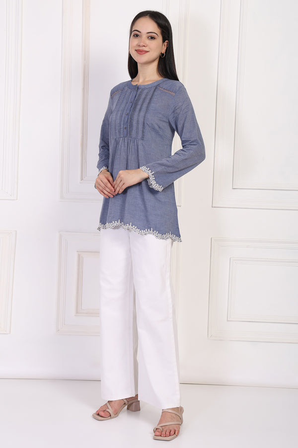 Blue Solid Embroidered Flared Cotton Top