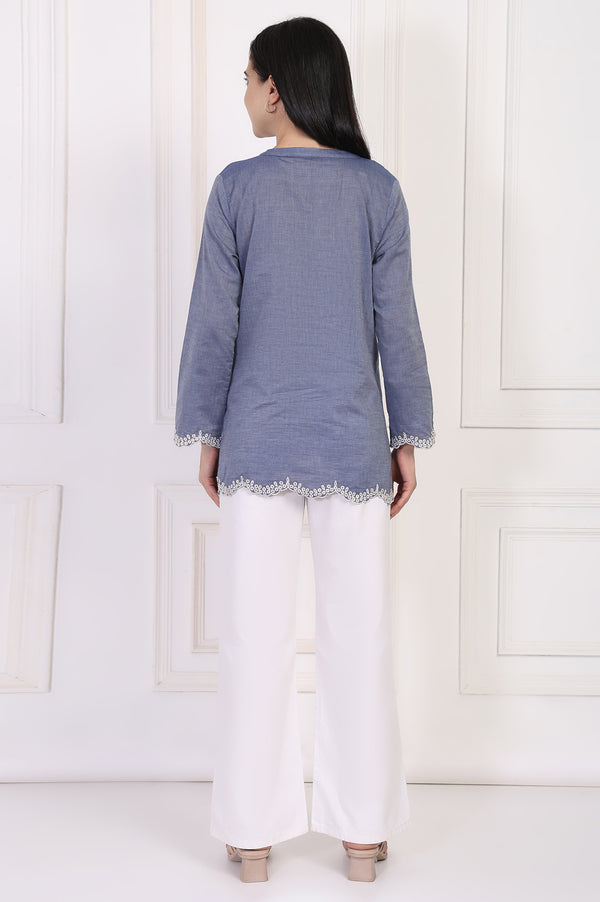 Blue Solid Embroidered Flared Cotton Top