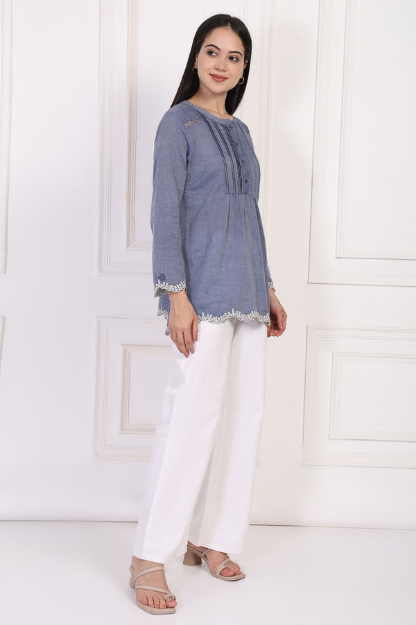 Blue Solid Embroidered Flared Cotton Top