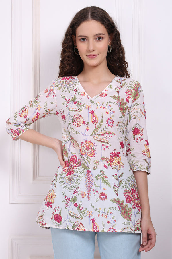 White Floral Printed Pure Cotton Top with Lace