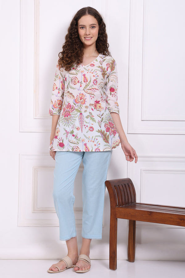 White Floral Printed Pure Cotton Top with Lace