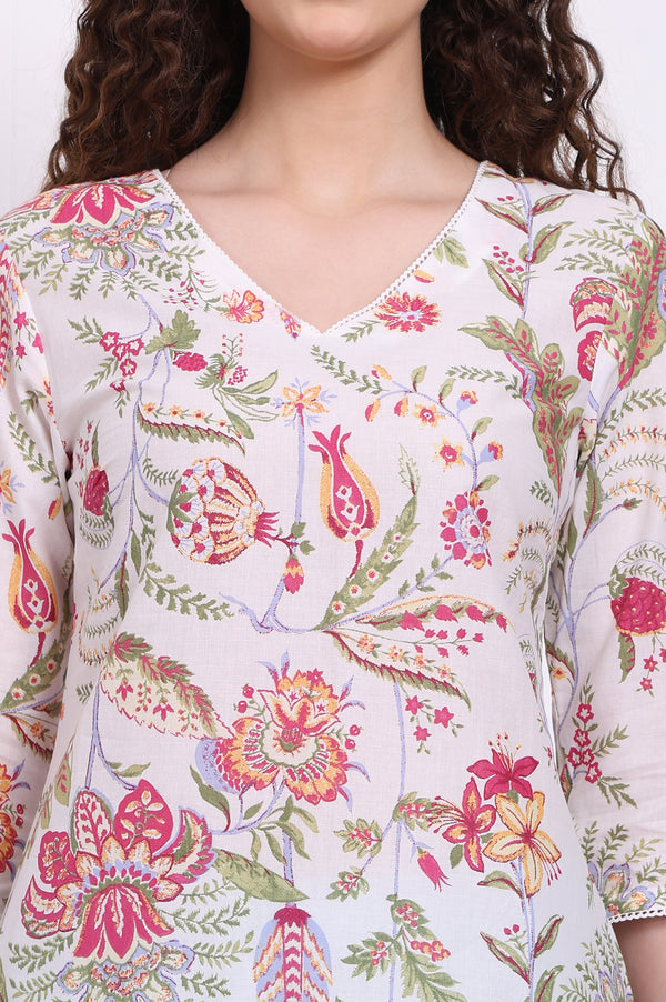 White Floral Printed Pure Cotton Top with Lace