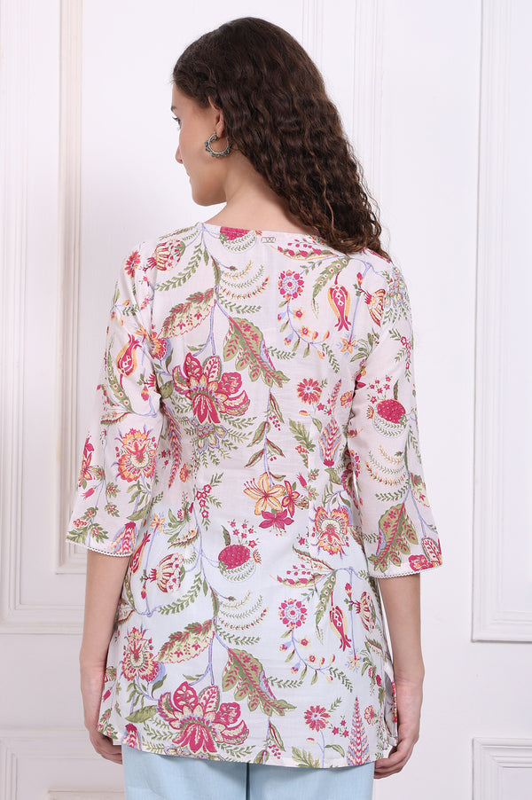 White Floral Printed Pure Cotton Top with Lace