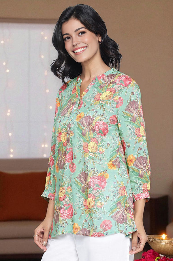 Green Printed Modal Straight Top