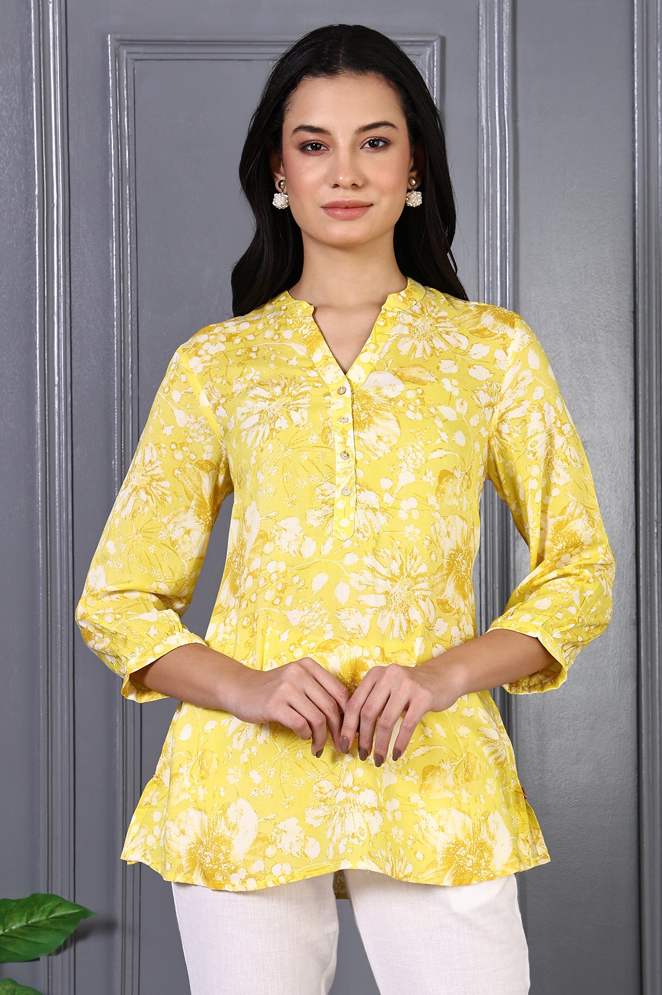 Yellow Floral Printed Modal Straight Top