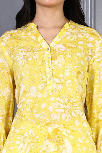 Yellow Floral Printed Modal Straight Top