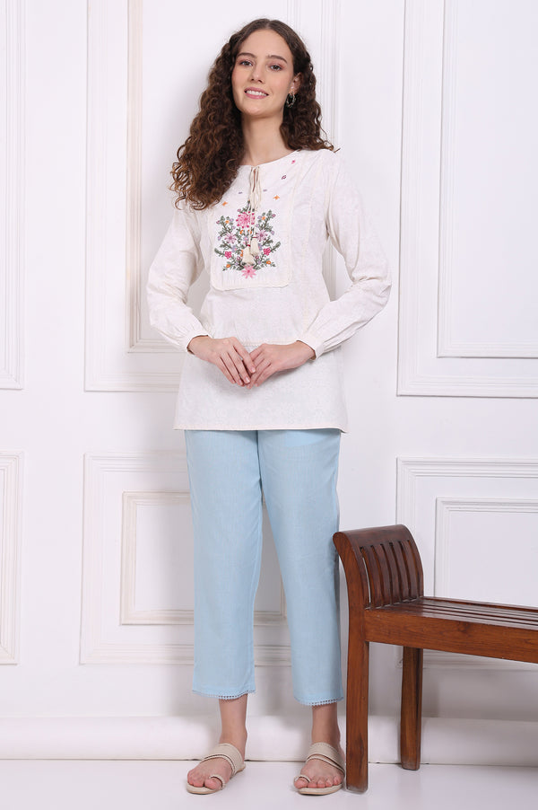 White Embroidered Pure Cotton Top with Lace