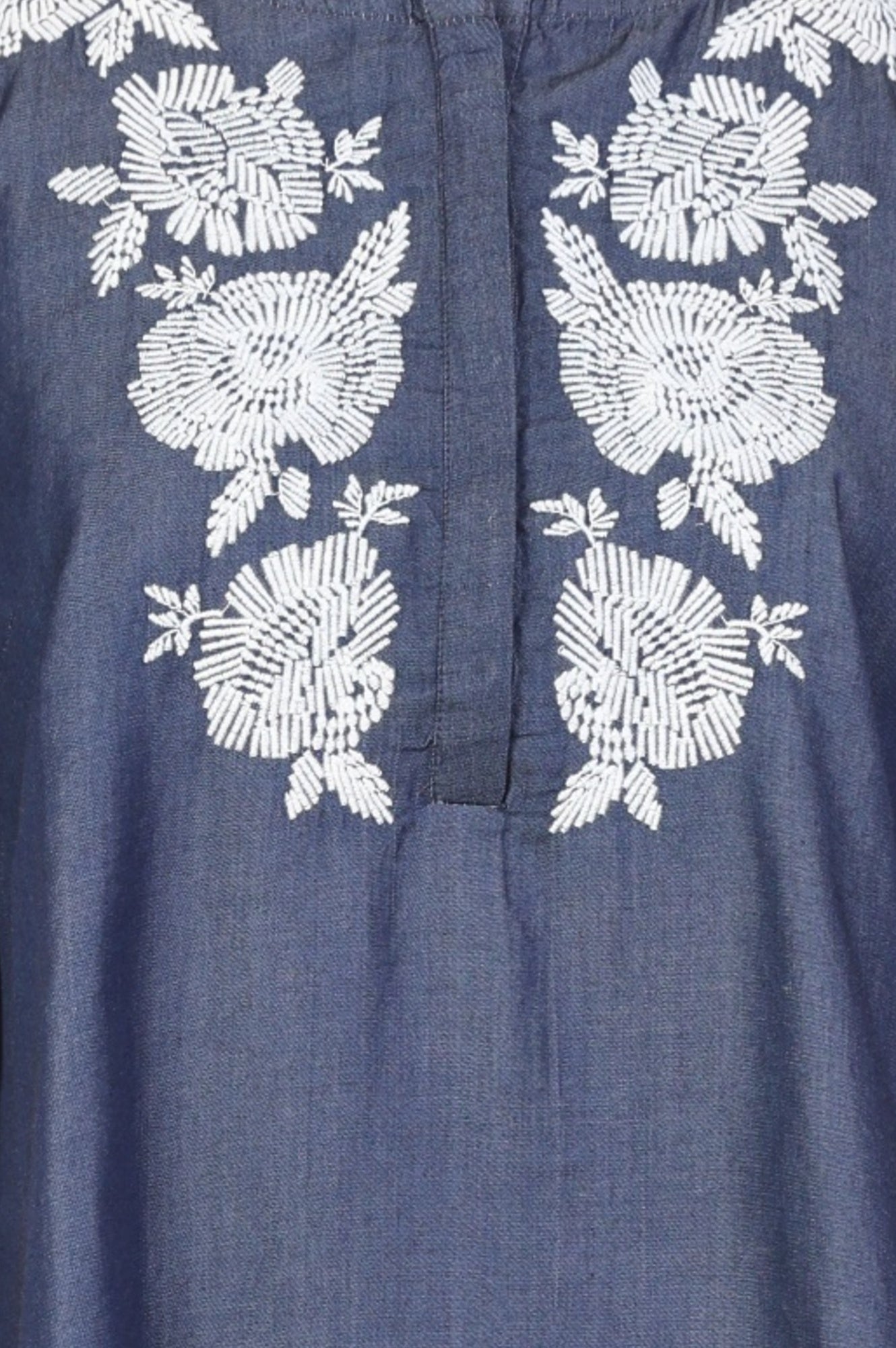 Blue Yarn Dyed Embroidered Tencel Straight Tunic