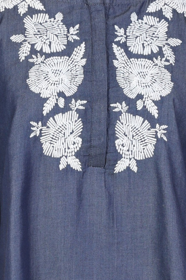 Blue Yarn Dyed Embroidered Tencel Straight Tunic