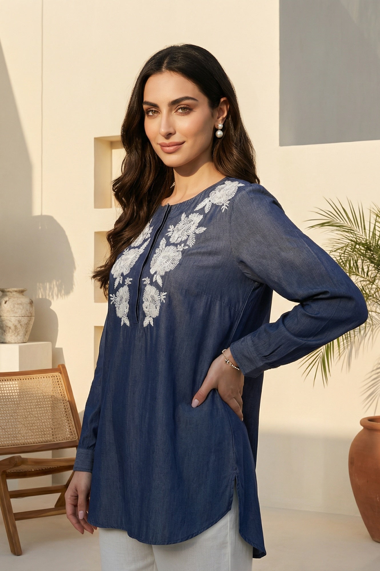 Blue Yarn Dyed Embroidered Tencel Straight Tunic