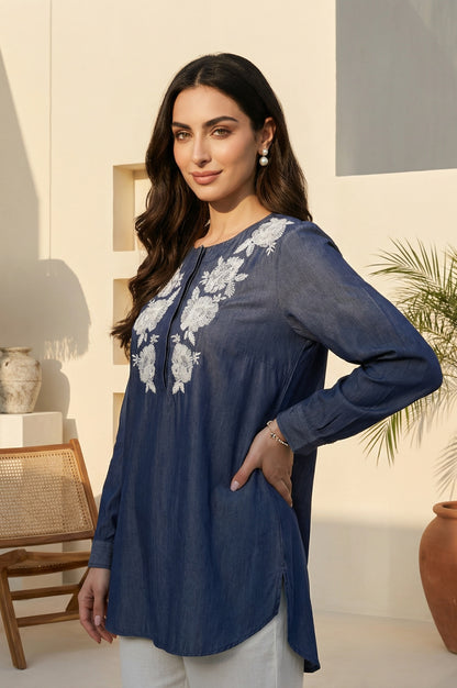 Blue Yarn Dyed Embroidered Tencel Straight Tunic