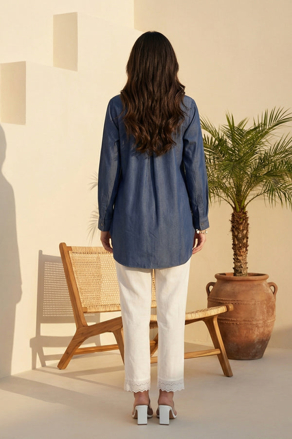 Blue Yarn Dyed Embroidered Tencel Straight Tunic
