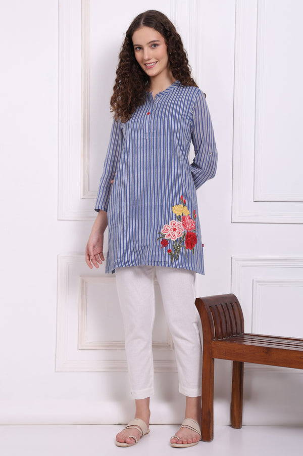 Blue Embroidered Printed Thread Embroidered Pure Cotton Tops