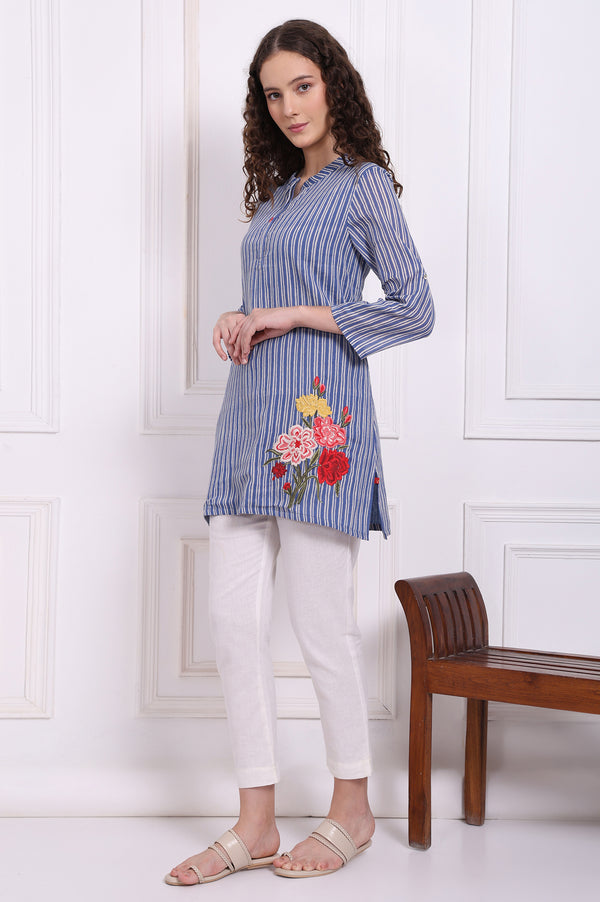 Blue Embroidered Printed Thread Embroidered Pure Cotton Tops