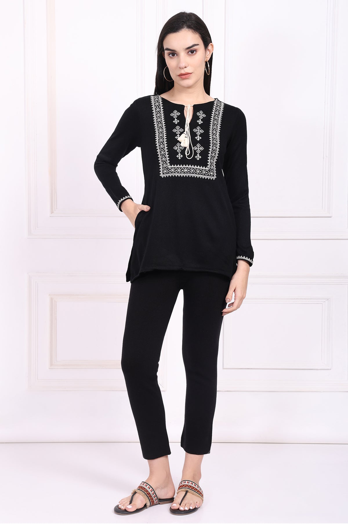 Black Embroidered Straight Acrylic Tunic - S