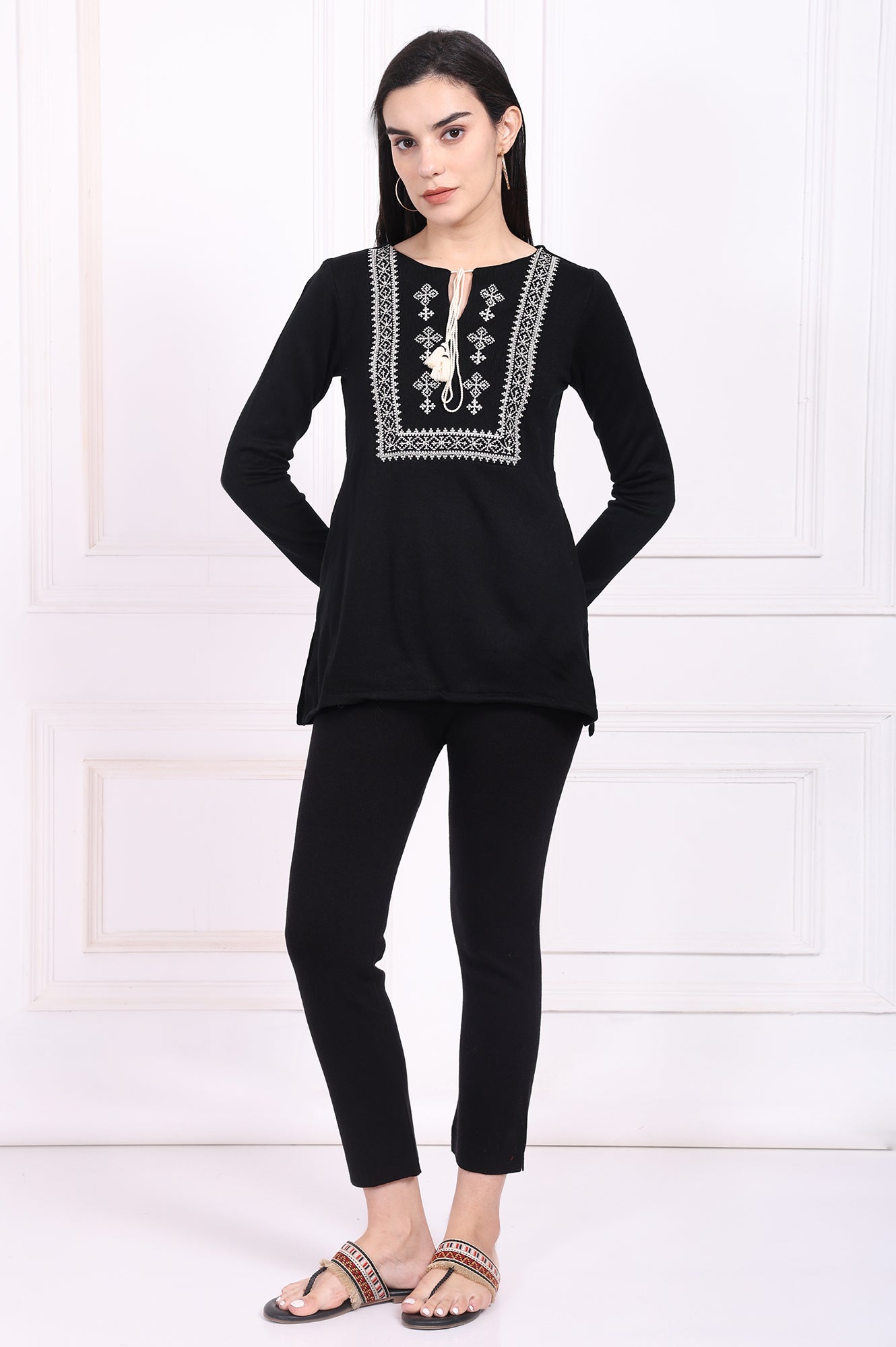 Black Embroidered Straight Acrylic Tunic