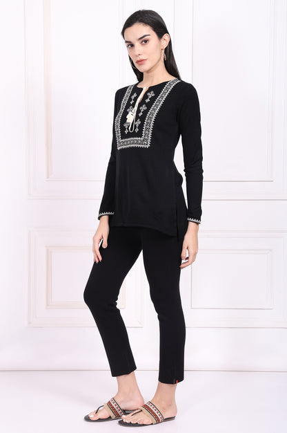 Black Embroidered Straight Acrylic Tunic