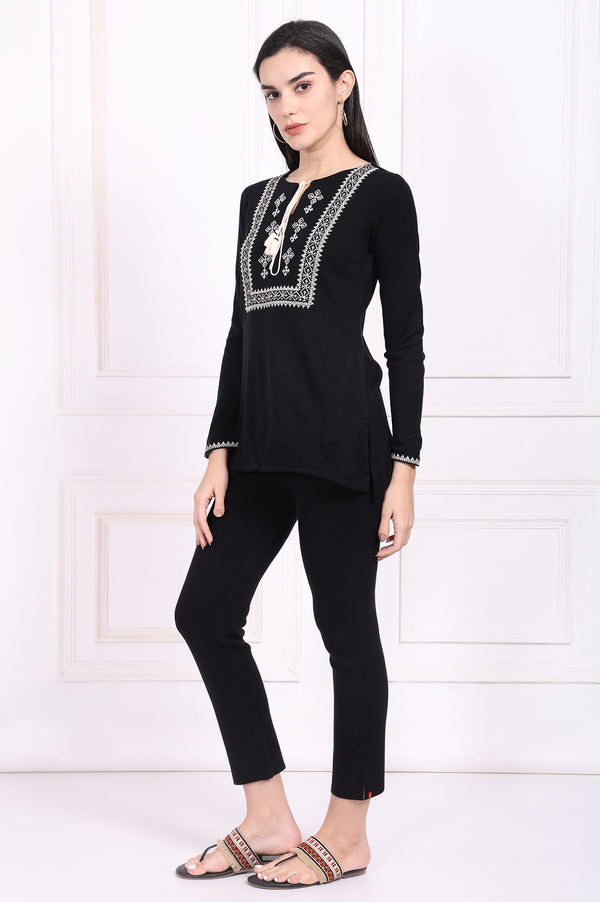 Black Embroidered Straight Acrylic Tunic