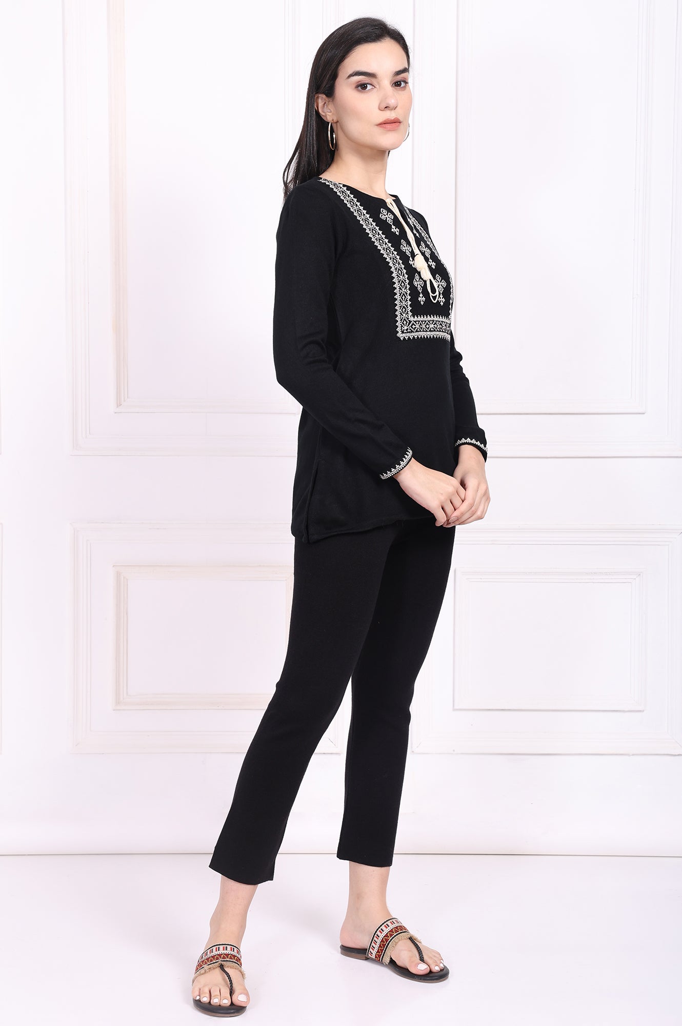 Black Embroidered Straight Acrylic Tunic