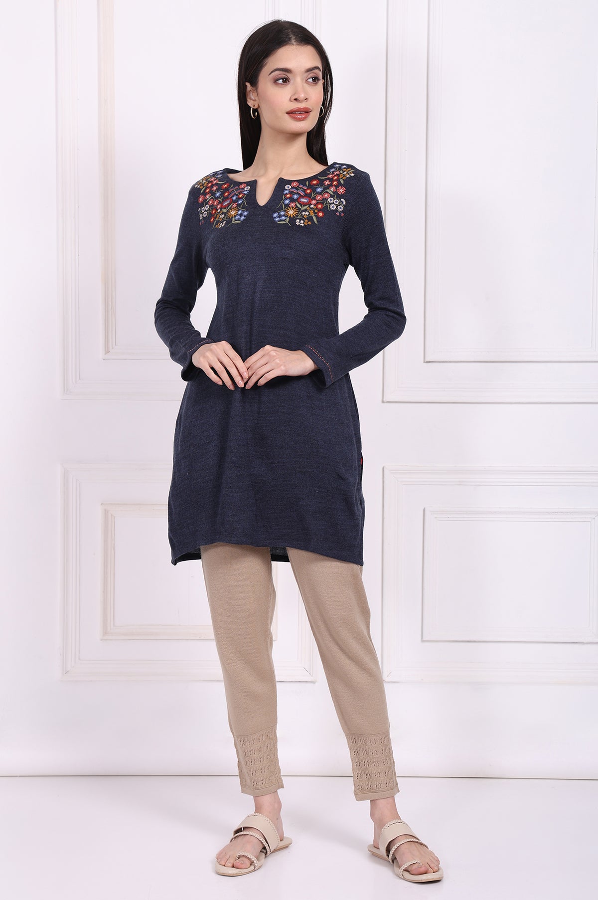 Navy Blue Embroidered Straight Acrylic Tunic - S