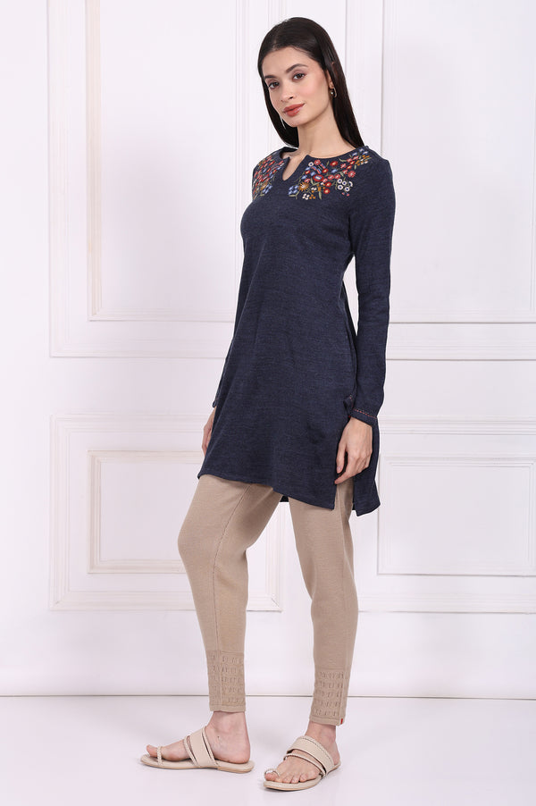 Navy Blue Embroidered Straight Acrylic Tunic