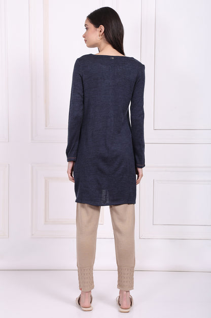 Navy Blue Embroidered Straight Acrylic Tunic