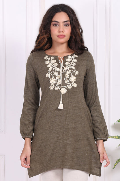 Olive Embroidered Floral Tassel Straight Acrylic Tunic