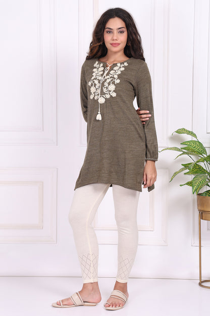 Olive Embroidered Floral Tassel Straight Acrylic Tunic
